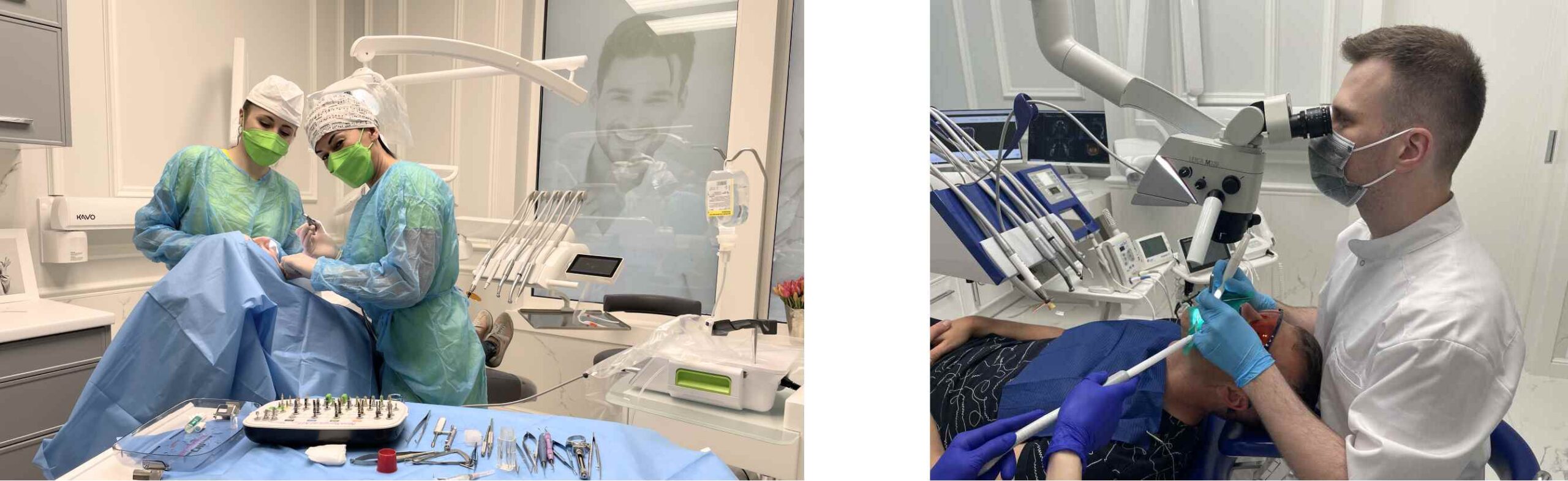 dr n.med. Barbara Galińska przy zabiegu implantacji, lekarz stomatolog Tomasz Szczuc podczas leczenia endodontycznego